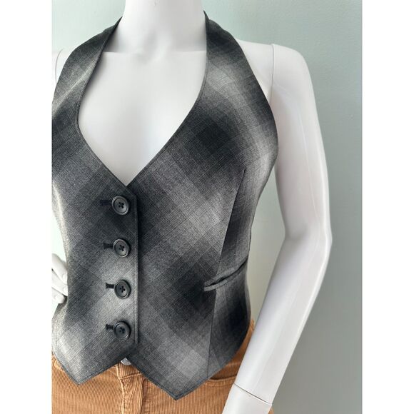 Banana Republic Black & Grey Plaid Halter Vest size 10 Y2k Style - Picture 4 of 10
